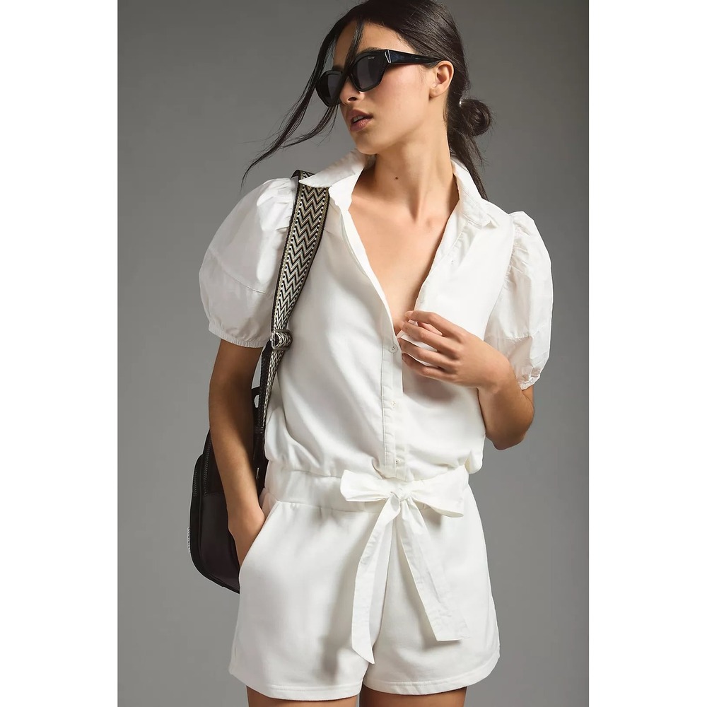 Sundays by We Are Sundays Anthropologie White Puff Sleeve Button Down Romper M